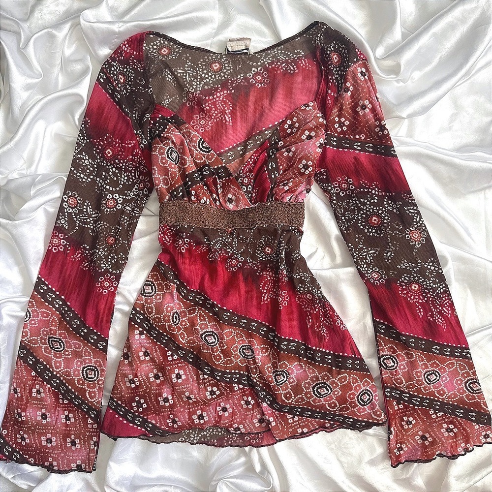 Maurices Vintage Y2K Red Brown Bandana Print Mesh Top Crochet Waist Large